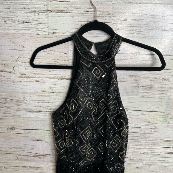 Fully beaded Evening gown black fringe NWT bridal size 12 - Picture 7 of 10